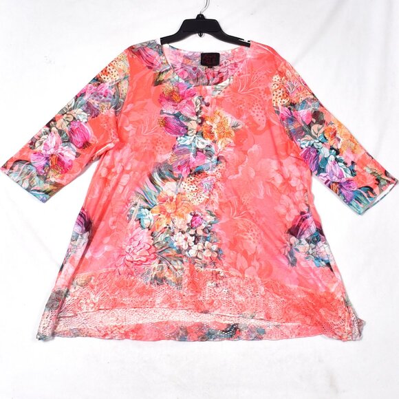 French Blue Women's Coral 3/4 Sleeve Floral Embellished Blouse Size 2X - Picture 1 of 5